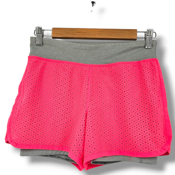 Gap Girls Active Perforated Eyelet‎ Layer Built-In Biker Shorts Bright Pink Gray - Picture 1 of 8